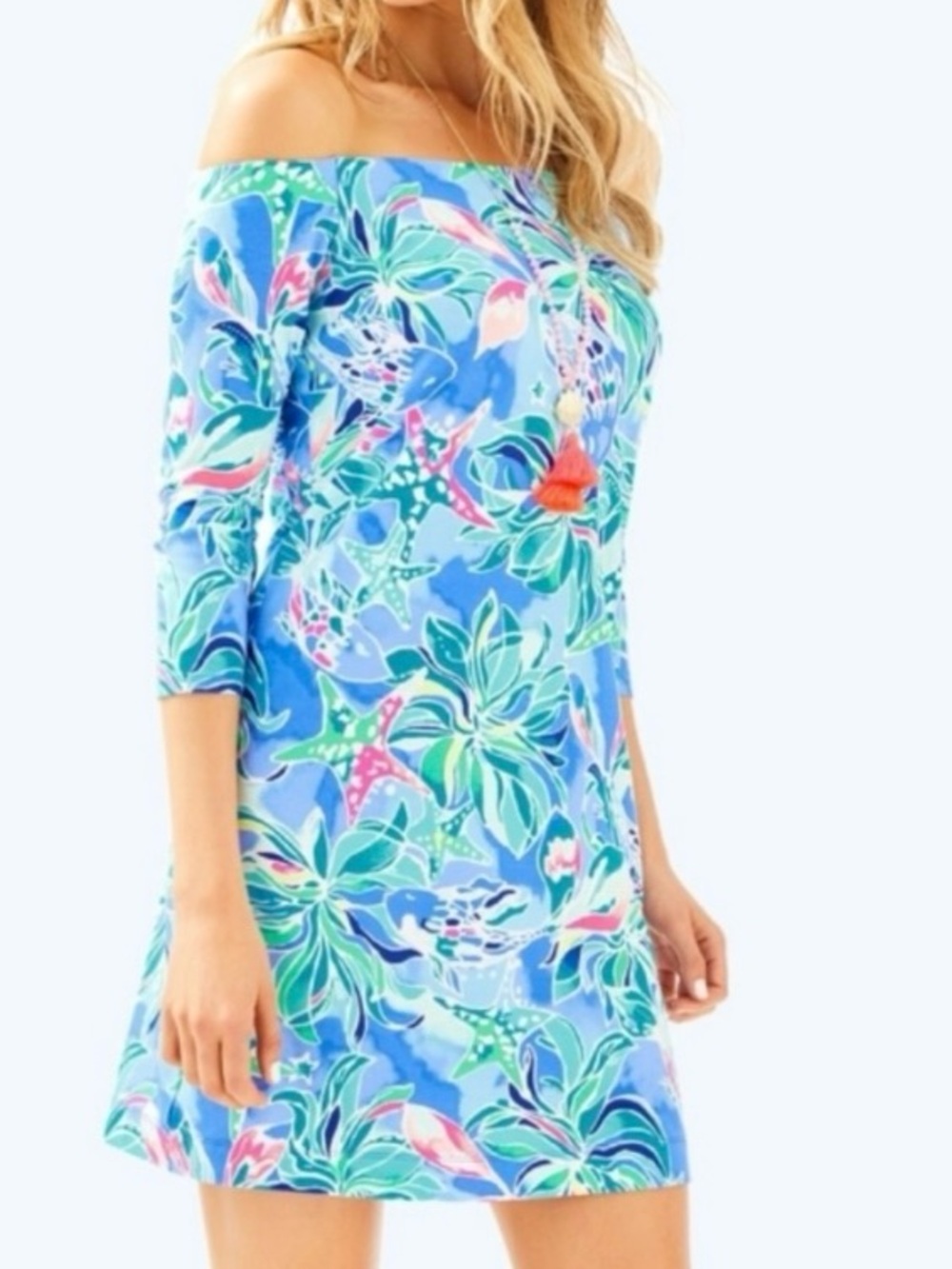 Lilly Pulitzer Laurana Dress Bennet Blue Celestial Seas sz SMALL off shoulder